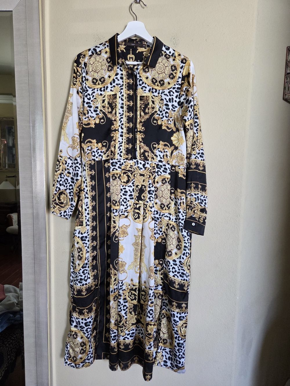hazel Baroque-Print Maxi Shirt Dress in Black, White & Gold
